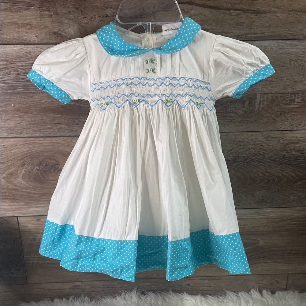 BABEENI Toddler Girls Smocked Polka Dot Vintage Dress Blue White Size 18M